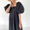 Women Khaki Fold Simplicity Dress Square Collar Half Puff Sleeve Loose Fit Fashion Summer Robe 2F0363 210510