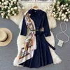 Koreaanse mode vrouwen werk slijtage jurk lente zomer gekweekte kraag halve mouw dubbele breasted ol office met sjaal 210603