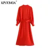 Kobiety elegancka moda odzież biurowa guziki sukienka Midi z długim rękawem z paskiem sukienki damskie Vestidos Mujer 210420