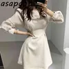 Asapgot Kore Chic Sonbahar Kış Vintage Ince Bir Çizgi Yüksek Bel Uzun Puf Kollu Elbise Mini Gevşek Rahat Vestido de Mulher 211221