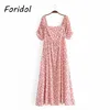 Foridol Puff Sleeve Vintage Summer Dress Women Floral Print Boho Maxi Long Dress French A-line Beach Casual Red Dress 210415