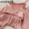 Jumpers Chic Korean Fashion Elegant Sexy White Long Sleeve Fake Two Piece Knitted Tops Off The Shoulder Strapless Pink Sweater 210610