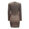 Summer Women's Gold Sequin Long Sleeve Mini Dress Sexy Ruffled V-neck Fashion Party Celebrity Runway Club 210527