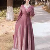 Maxi Kadınlar Elbise V Yaka Tam Kol Ayak Bileği Uzunlukta Mor Pembe Örme Dantel Kadın Vestidos Bahar Vintage Uzun 210603