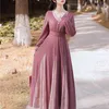 Maxi Women Dress Vネックフルスリーブ足首長さ紫色のピンクの編み物レース女性vestidos Spring Vintage Long 210603