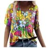 Casual Top Women T Shirt Sexy V Neck Loose Short Sleeve Floral Flowers Printing Piping Comfortable Breathable 3 Colors WMD