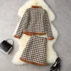 2021 Herfst Winter Lange Mouw Ronde Hals Houndstooth Tweed Beelden Fox Bont Single-Breasted Coat + Knielengte Rok Twee Stuk Pakken 2 Stuks Set 21N11 12803