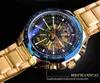 Vencedor luz azul vidro nova moda relógios masculinos preto dourado aço inoxidável à prova dwaterproof água esporte relógio automático luminoso clock304n