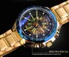 Winnaar Blauw Licht Glas Nieuwe Mode Heren Horloges Zwart Gouden Roestvrij Staal Waterdicht Sport Automatisch Horloge Lichtgevende Clock345Q