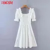 Summer Women Ruffles White Square Neck Short Sleeve Ladies Mini Dress Vestidos QW87 210416