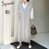 Sywidii ​​поддельные два куска платья женщин одежда хараджуку корейский прямой офис леди вязание твердых плюс размер свободно серый весна 210417