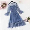 Women Summer Stars Sequins Mesh Dress Lotus Leaf Collar Lace Female Flare Sleeve Sweet A-line Dress Vintage Vestidos 210521