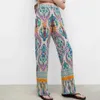 2021 Printed Flared Pants Women Vintage High Waist Back Elastic Summer Pant Fashion Patch Pocket Flared Legs Zip Woman Pants Q0801