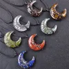 Crystal Quartz Moon Necklaces Tree of Life Copper Wire Wrap Charm Natural Stones Tiger Eye Pendant Necklace Black Wax Rope Chain Women Men Jewelry Gift