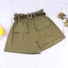 Casual Verão Carga Shorts Mulheres Estilo Coreano Calças Curtas Alta Elastic Bud Cintura Largo Fêmea Com Cinto 210421