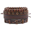 Rope Leather Handmade Braided Multilayer Wooden Beads Charm Bracelets Retro Set Punk Adjustable Bangle Party Jewelry