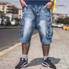 Män sommarhiphop-denim shorts lösa last casual jeans för manlig storlek 30-44 tvättade män