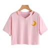 Summer Crop Tops Women Tshirt Sexiga V-Neck Harajuku Toppar Y2K Moon Graphic Tee Cute Moon Broderi Kvinna Kortärmad T-shirt x0628