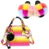 Women's Furry Slides Colorful Rainbow Shoulder Bag Shoes Ladies Fox Fur Slippers Matching Purses Plush Sandals Female Handbag X0925