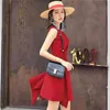 Fashion Summer Women Solid Color Elegant Dress Vestidos Sleeveless Ruffled Irregular Red Dresses 210520