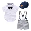 Vêtements de vêtements Hauts d'été Vêtements garçons avec chaussures Tenue de bébé Set Broad Cravate Bib BIK Fête Robes d'anniversaire Noir Chemises à rayures blanches + Globalement