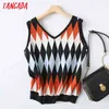 Women Geometry Pattern Oversized Knitted Vest Sweater V Neck Sleeveless Female Waistcoat Chic Tops YU01 210416