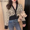 Leopard Sexy Women Sweaters Short V Neck Vintage Mujer Chaqueta Autumn Winter Slim Cardigans Korean 17684 210415