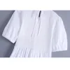 VUWWYV White Smock Pleated Midi Dress Women Summer Slim Birthday Party Woman Short Puff Sleeve Elastic Vestidos 210430