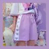 Pantaloncini viola in cotone per ragazze Kawaii Summer Love Heart Print Patchwork Short Harajuku Elastico a vita alta con coulisse Donna 210719