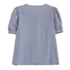 PERHAPS U Damen Solid Shirt Blau Slash Neck Kurzarm Knopf Frühling Sommer Puffärmel Violett B0652 210529