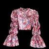 Retro-Blumenbluse für Damen, Herbst und Winter, Rundhalsausschnitt, ausgestellte Ärmel, kurze Taille, süßes All-Match-Shirt UK301 210506