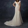 2021 Prachtige V-hals Mermaid Bruidsjurken Kant Applicaties Backless Sweep Trein Chruch Style Bridal Dress Custom Made