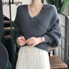 Criss Cross Donna Maglione lavorato a maglia Moda Solid Office Lady Outwear Pullover Chic Coreano Autunno Inverno Pull Femme Top 210601