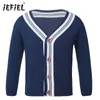 Vår Höst V-Neck Strikkad Cardigan Tröja Bomull Bolero Jacka Barnkläder Boys Girls Kids School Coat OuterWear Y1024