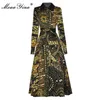 Fashion Runway Summer Vintage Party Dress Donna Colletto rovesciato Manica lunga Stampa monopetto Vita alta Midi Dres 210524