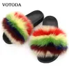 Real Fox Fur Slides Women Fluffy Flat Home Slippers Ladies Winter Warm Casual Furry Shoes Lovely Plush Fox Hair Indoor Flip Flop C0330