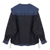2 Parça Setleri Kadınlar Mavi Lace Up Sailor Yaka Hırka Denim Bluzlar + Siyah Zip-up Ceket Ceket Tüm Maç Bahar Kıyafetler Top 210417