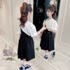 Teen Girls Летняя одежда футболка + карманные платья костюм для сплошной цветной одежды вскользь стиль трексуита детей 210527