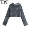 TRAF Women Fashion Loose Cropped Chenille Knitted Sweater Vintage High Neck Long Sleeve Female Pullovers Chic Tops 210415