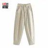 catonATOZ 2248 Khaki Female Cargo Pants High Waist Harem Loose Jeans Plus Size Trousers Woman Casual Streetwear Mom 210922