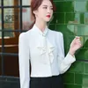 Roze chiffon shirt vrouwen herfst ruches ontwerp lange mouwen slanke formele blouses kantoor dames mode werk tops 210604