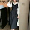 Ezgaga Patchwork Elegantes Kleid Frauen Drehen-unten Kragen Koreanische Langarm Chic Hohe Taille Spitze Up Party Kleid Zarte vestidos 210430
