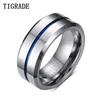 Tigrade Men rings 8mm volfram bröllopband silverfärg med blå linje stilfull man anillos hombre för jubileumsring 211218