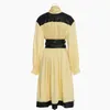 Women Yellow Ruched Sashes Big Size Midi Dress Pile Collar Long Sleeve Loose Fit Fashion Tide Spring Autumn SF674 210421