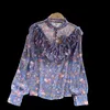 Spring Autumn Chiffon Shirt Pleated Ruffled Slimming Temperament Small Stand-up Collar Puff Sleeve Retro Floral Blouse UK879 210506