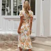 Boheemse zomer floral jurk vrouwen print boho maxi lange ruches jurken v hals knop vintage strand jurk boho casual jurk 210415