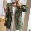 [EWQ] Spring New Ladies Blazer Retro British Style Pattern Lapel Single-breasted Loose Wild Long-sleeved Suit Jacket Women 210423
