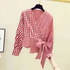 Autumn Women's Long Sleeves V Neck Bow Plaid Irregular Shirt Casual Blouse Tops Girls Ladies Shirts Blusas A3370 210428