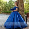 2022 로얄 블루 새틴 프로모션 Quinceanera 드레스 숄더 코르셋 백 공 가운 달콤한 15 여자 파티 공식 가운