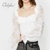 Summer Women White Lace Koszula Z Długim Rękawem Vintage Sexy Bluzki Topy 210415